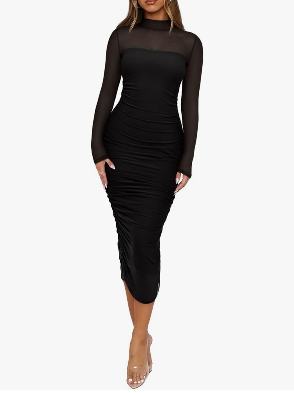 ReoRia Black Sheer-Panel Long Sleeve Midi Dress